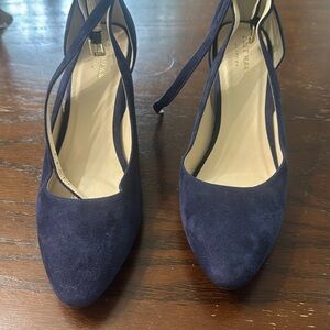 Cole Haan Navy Suede Lacey Ankle Strap Wedge Heals Never worn Size 8